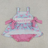 Mama's Girl Hot Pink Bow Pattern Sky Blue Girls Summer Romper
