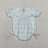 Floral Blue Bow Pattern Smocked Girls Summer Romper