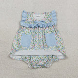 Floral Sky Blue Pockets Girls Summer Romper