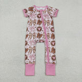 Cow Boots Bow Pattern Pink Girls Summer Romper