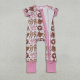 Cow Boots Bow Pattern Pink Girls Summer Romper