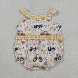 Farm Animals Yellow Plaid Ruffles Girls Summer Romper