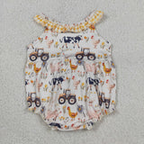 Farm Animals Yellow Plaid Ruffles Girls Summer Romper