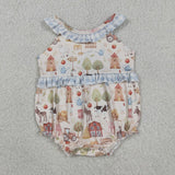 Farm Animals Blue Plaid Ruffles Girls Summer Romper
