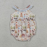 Farm Animals Blue Plaid Ruffles Girls Summer Romper