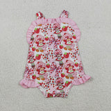 Cartoon Strawberry Bow Pattern Pink Ruffles Girls Summer Romper