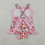 Cartoon Strawberry Bow Pattern Pink Ruffles Girls Summer Romper