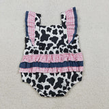 Cow Print Pink Plaid Ruffles Girls Summer Romper