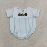 Tractor Embroidery Blue Stripe Boys Summer Romper