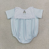 Tractor Embroidery Blue Stripe Boys Summer Romper
