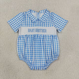 Baby Brother Blue Plaid Smocked Boys Summer Romper