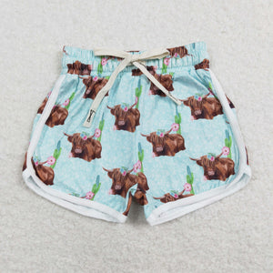 Kids Highland Cow Floral Blue Mommy & Me Girls Shorts