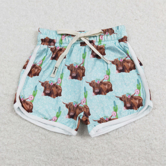 Kids Highland Cow Floral Blue Mommy & Me Girls Shorts