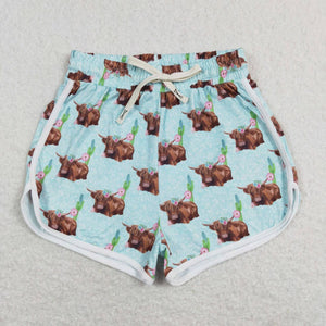 Adult Highland Cow Floral Blue Mommy & Me Shorts