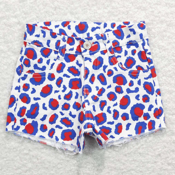 Red Blue Leopard Print Denim Shorts Girls 4th of July Pant