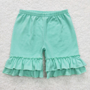 Solid Green Ruffles Girls Shorts