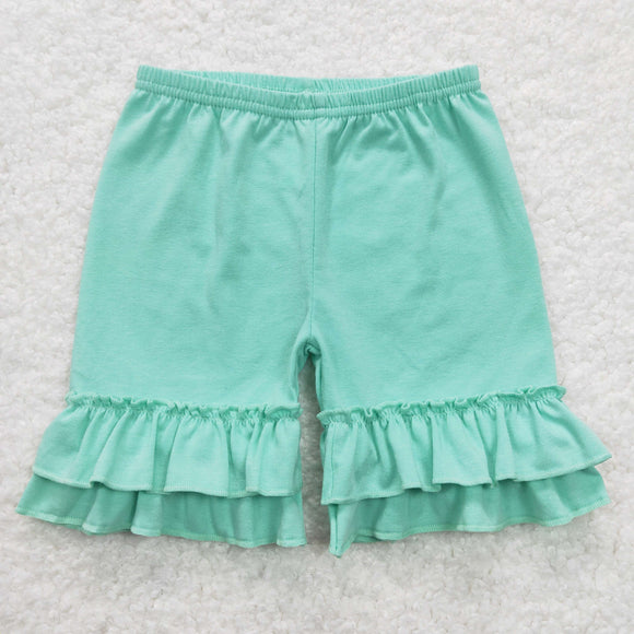 Solid Green Ruffles Girls Shorts