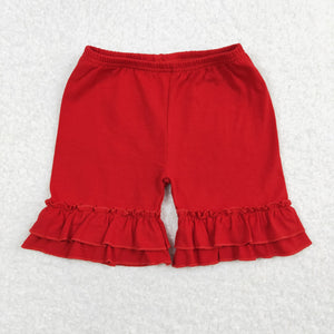 Solid Red Double Ruffles Girls Shorts