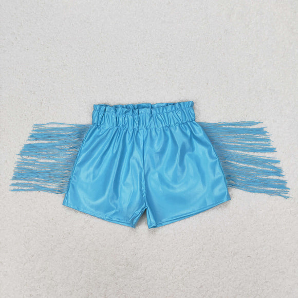 Leather Blue Tassels Girls Shorts