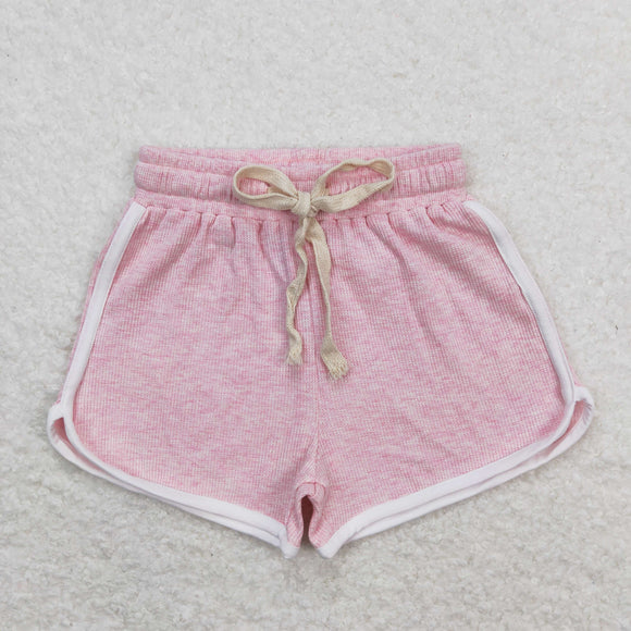Solid Pink White Girls Waffle Shorts