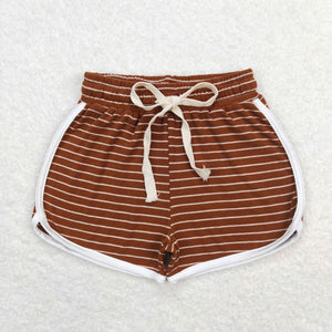 Solid Stripe Brown Girls Sports Shorts