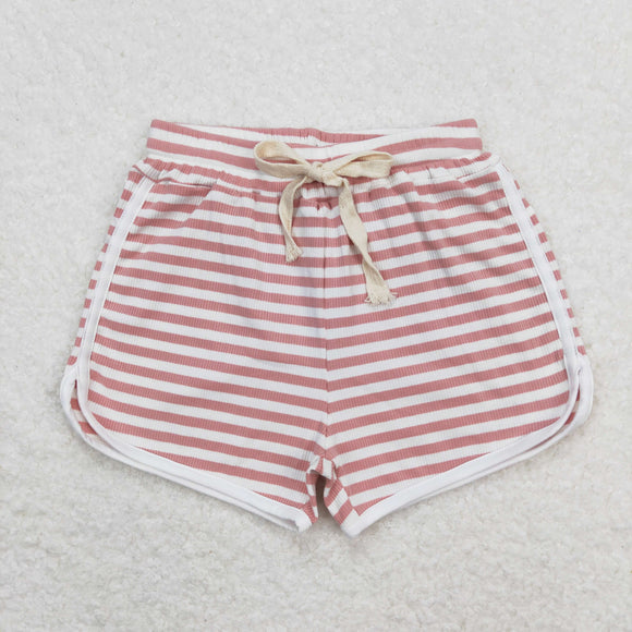 Solid Stripe Pink White Girls Sports Shorts
