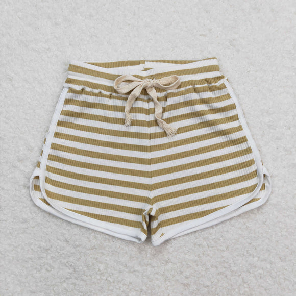 Solid Stripe Brownish Green White Girls Sports Shorts
