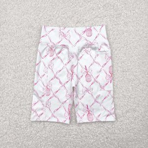 Racket Pink Bow Pattern Athletic Girls Cycling Shorts