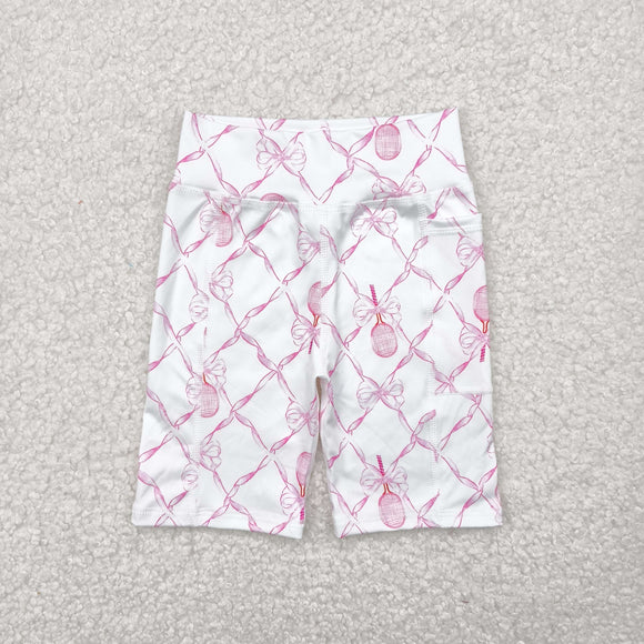 Racket Pink Bow Pattern Athletic Girls Cycling Shorts