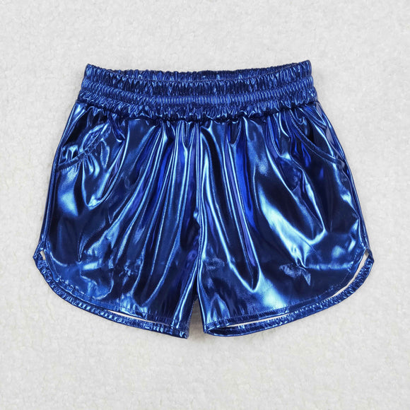 Solid Blue Shiny Leather Girls Shorts