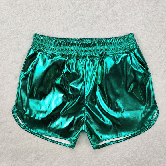 Solid Green Shiny Leather Girls Shorts
