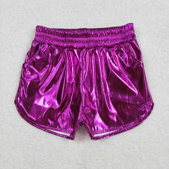 Solid Fuchsia Shiny Leather Girls Shorts