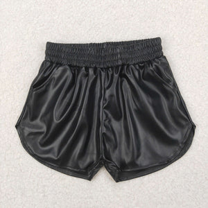 Solid Black Shiny Leather Girls Shorts