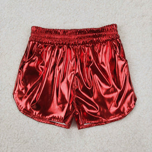 Solid Red Shiny Leather Girls Shorts