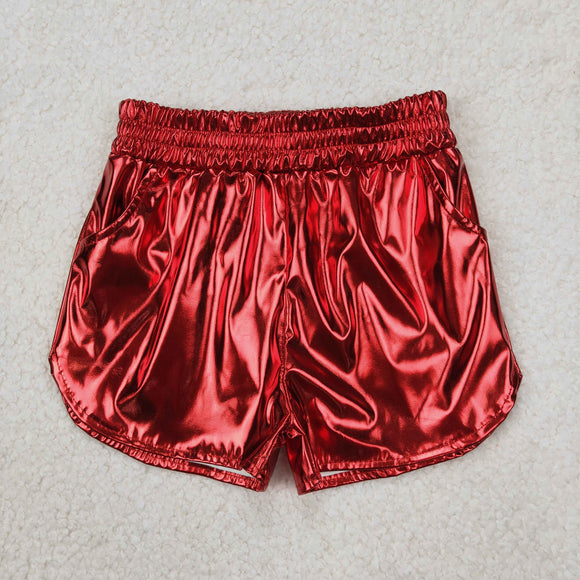 Solid Red Shiny Leather Girls Shorts