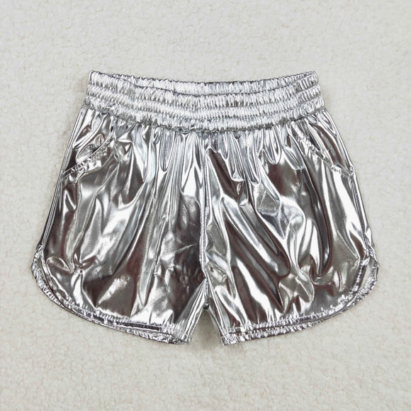 Solid Silver Shiny Leather Girls Shorts