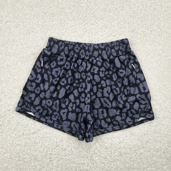 Kids Gray Leopard Print Black Athletic Mommy & Me Girls Shorts