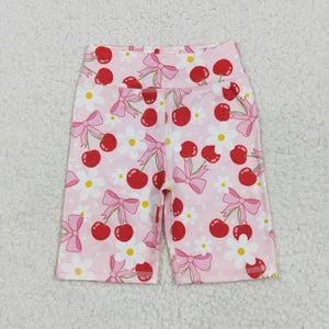 Cherry Pink Bow Pattern Floral Athletic Girls Cycling Shorts