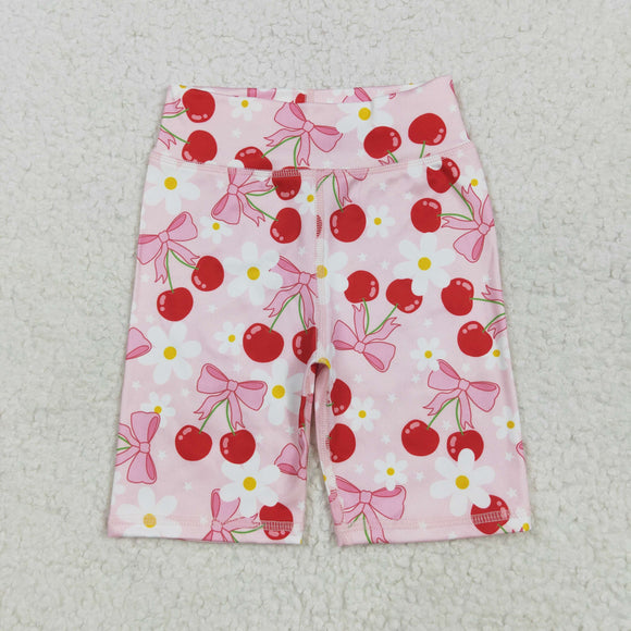 Cherry Pink Bow Pattern Floral Athletic Girls Cycling Shorts