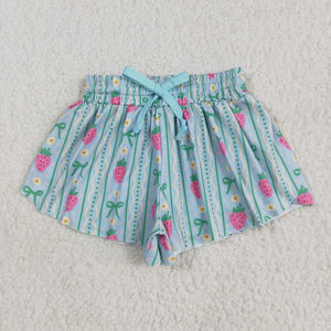 Floral Strawberry Bow Pattern Blue Girls Shorts