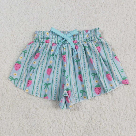 Floral Strawberry Bow Pattern Blue Girls Shorts