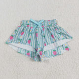 Floral Strawberry Bow Pattern Blue Girls Shorts
