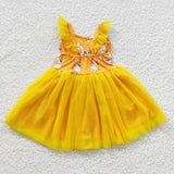 Cartoon Dogs Yellow Gauze Tulle Girls Flutter Sleeve Dress