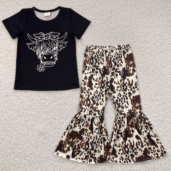 Cow Cowhide Black Girls Short Sleeve+Trousers Sets