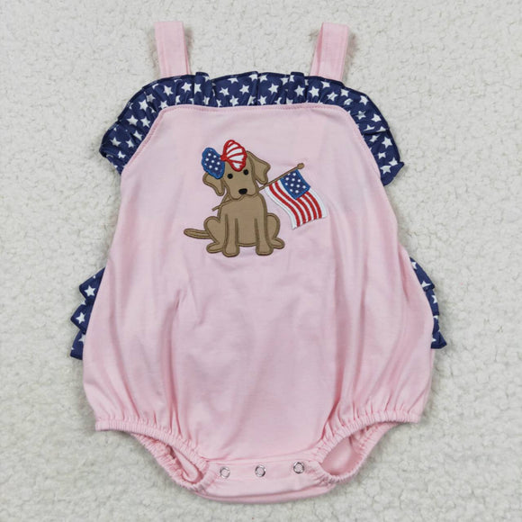 Dog Flag Stars Pink Girls 4th of July Romper