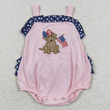 Dog Flag Stars Pink Girls 4th of July Romper