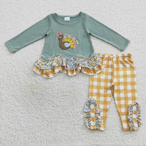 Floral Turkey Yellow Plaid Green Girls Thanksgivng Outfits