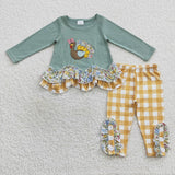 Floral Turkey Yellow Plaid Green Girls Thanksgivng Outfits