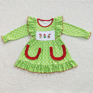 Cartoon Polka Dots Green Red Girls Christmas Dress