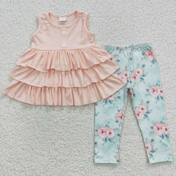 Solid Pink Floral Legging Girls Short Sleeve+Trousers Sets